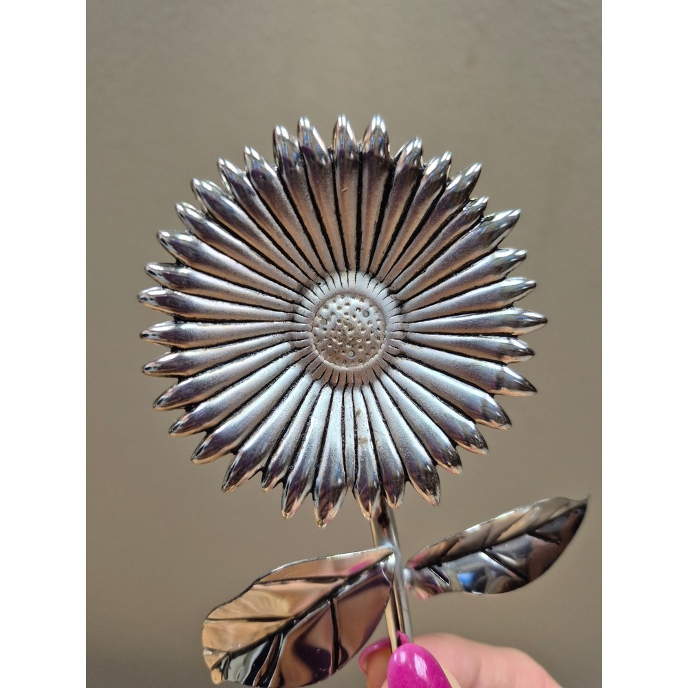Vintage Silver Tone Flower Salt Pepper Shakers Set Sunflower Floral Stem Decor - Picture 3 of 8